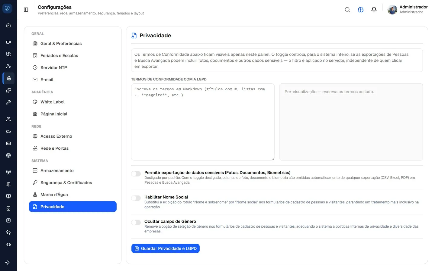 Configurações de Privacidade do AVYD Central: termos LGPD, exportação de dados sensíveis, nome social e campo de gênero