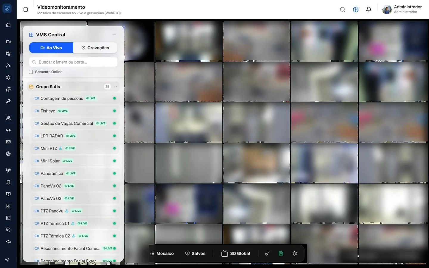 Videomonitoramento: mosaico de 24 câmeras ao vivo, com a árvore de câmeras por área à esquerda. Nada é instalado no computador do operador.